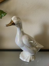 Vintage Irredescent White 12  Ceramic Duck / Goose With Metallic Gold Bill