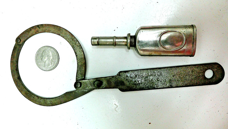 A.C. WILLIAMS CO. Antique OIL FILTER WRENCH & small Oiler