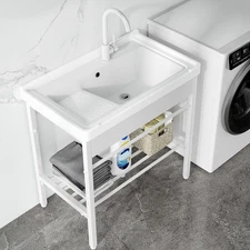 Freestanding Laundry Sink, Ceramic Utility Sink with Washboard and Faucet, La...
