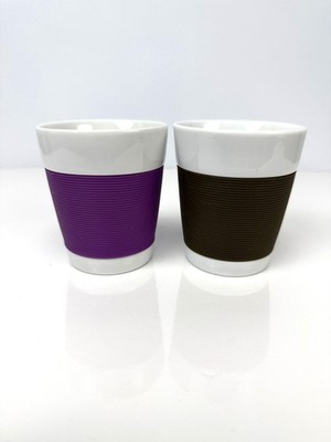 BODUM Porcelain Silicone Double Wall White Purple Brown Coffee Cups Set of 2