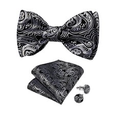 Silk Bow Ties for Men Striped Solid Paisley Self Bowtie and Pocket Square Cuf...