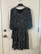Talbots 14 Petite Black White Dress V Neck Zip Back 3/4 Sleeves Lined 14P Lovely