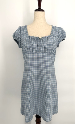 Vtg La Belle Womens 13 Blue Plaid Babydoll Flower Dress USA Cottagecore Retro
