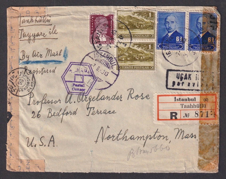 TURQUÍA 1943 Correo Aéreo Registrado Cubierta a EE. UU. Egipto Censor Prof Argelander Rose Foto 2 de 3