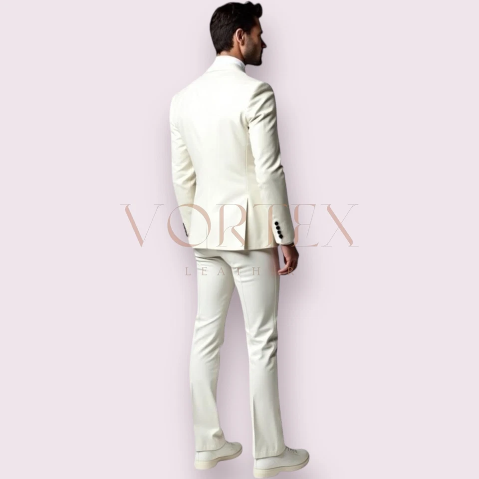 Conjunto Blazer Hombre Blanco 2 Piezas Cuero Puro Calce Ajustado Elegante Blazer Pantalón Conjunto Foto 3 de 4