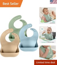 Neutral Colored Silicone Baby Bibs Set of 3 - Adjustable Food Catcher Design