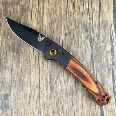 Benchmade 15085-CSTM Mini Crooked River Black Blade Wood Handle Folding Knife