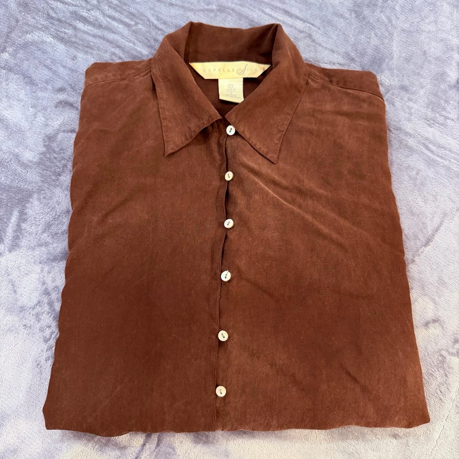 VTG 90s Pure Silk Express Button Down Collared Shirt Rust Brown Sz S Oversized