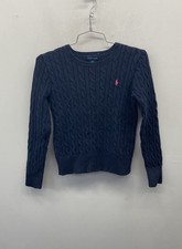 Ralph Lauren Girls Cable Knit Sweater Navy Blue Pink Pony Logo L 12-14 