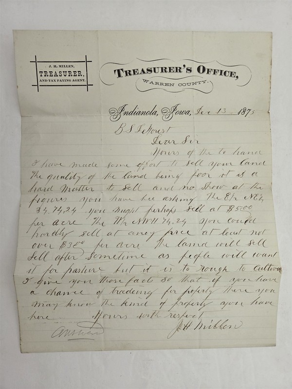 1875 antique WARREN COUNTY ia TREASURER OFFICE LETTERHEAD MILLEN LAND DeFOREST