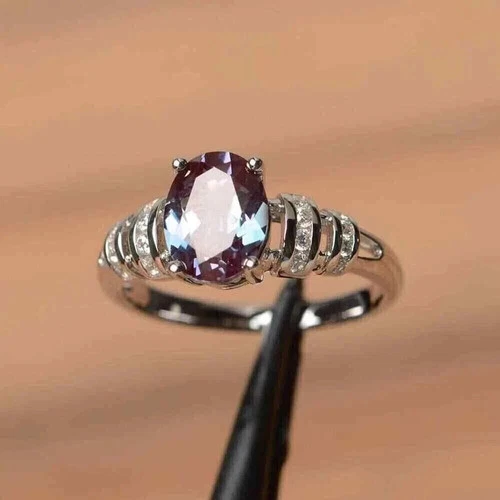 2.00Ct Oval Cut Natural Alexandrite Solitaire Ring 14K White Gold Plated Silver