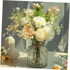 Fake Artificial Flowers with Vase Faux Silk Flower Bouquet in Glass Vase White