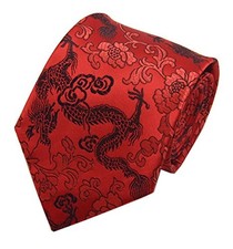 Men's Silk Tie Dragon Peony Embroidery Woven Wedding One Size Red Black Dragon
