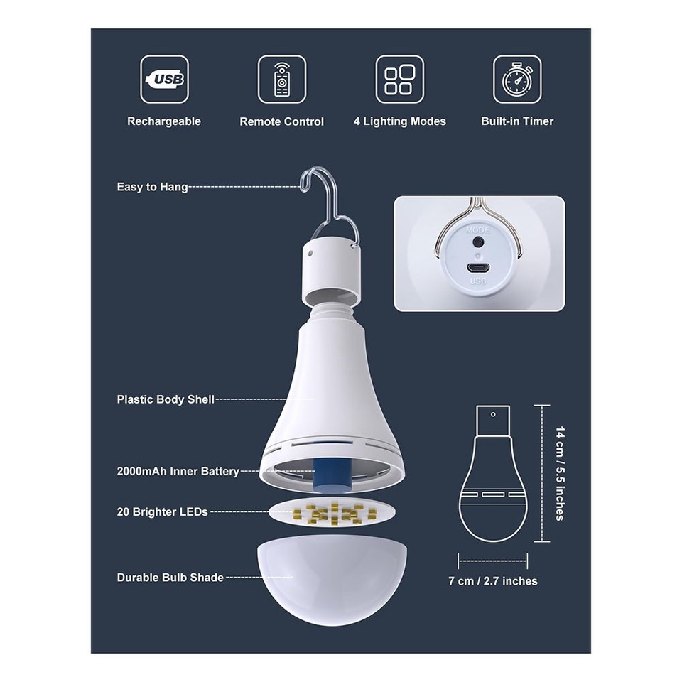 USB Rechargeable Light Bulb with Remote for Home Outage, Hanging LED ...