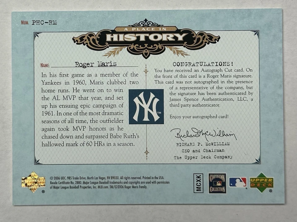 2006 Upper Deck Roger Maris AUTO #/11 Place in History Yankees - Image 3 of 3