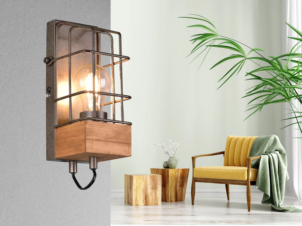 Gitter Wandleuchten mit Holzfuß Industrial Style Lampe für Eingangsbereich innen