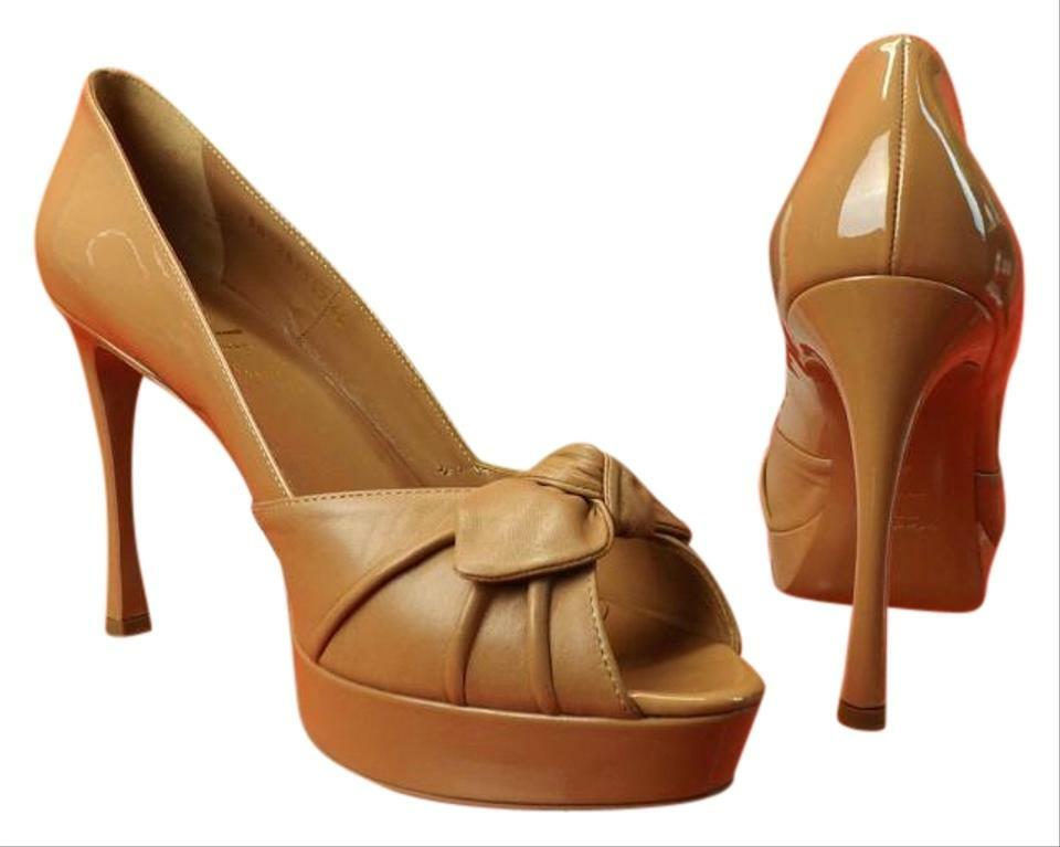 DÉCOLLETÉ NUOVE CON SCATOLA YSL SAINT LAURENT PALAIS CARAMELLO VERNICE FIOCCO PLATEAU 40 ITALIA