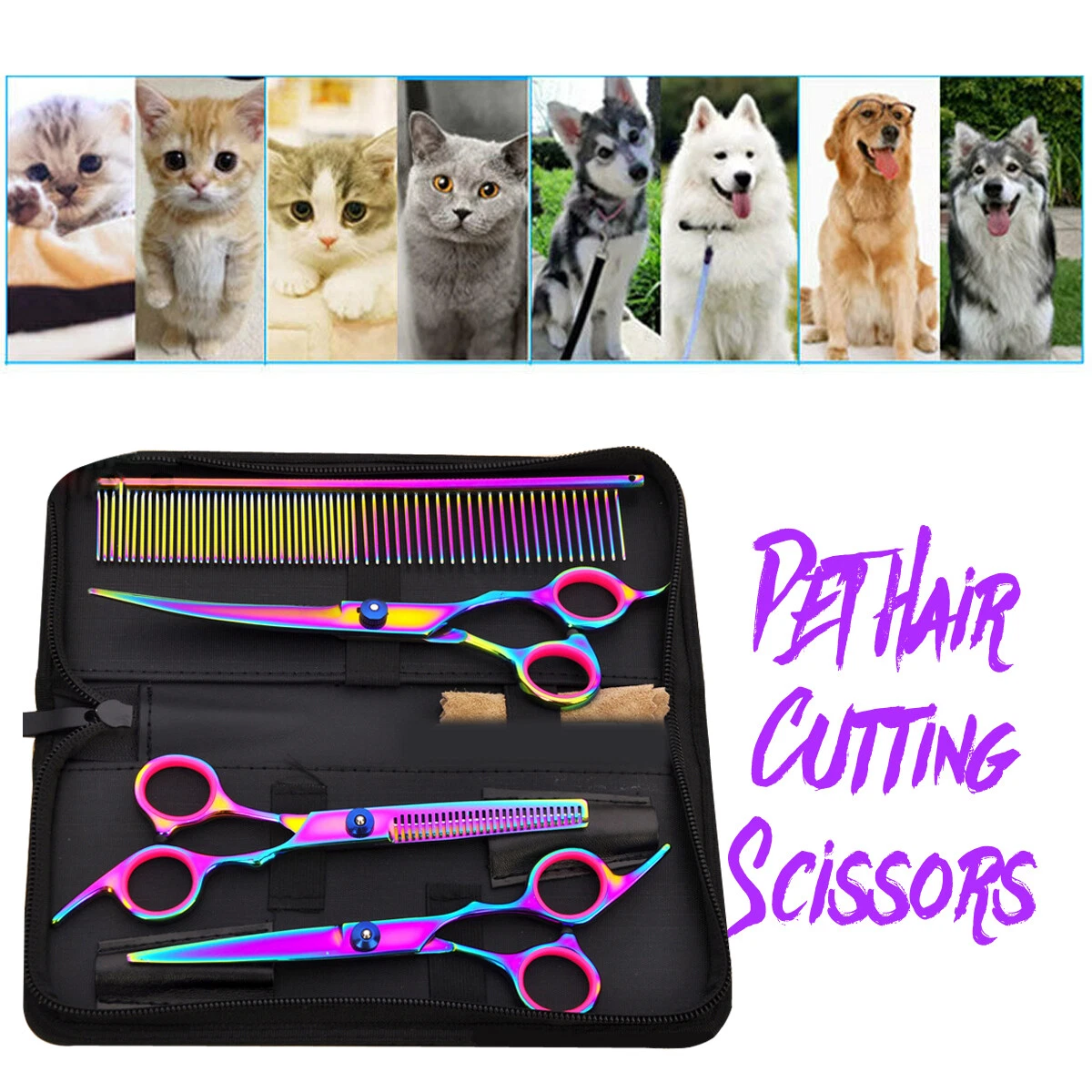 Professional Pet Dog Grooming Combs Scissors Kit Straight Curved Thinning Shears