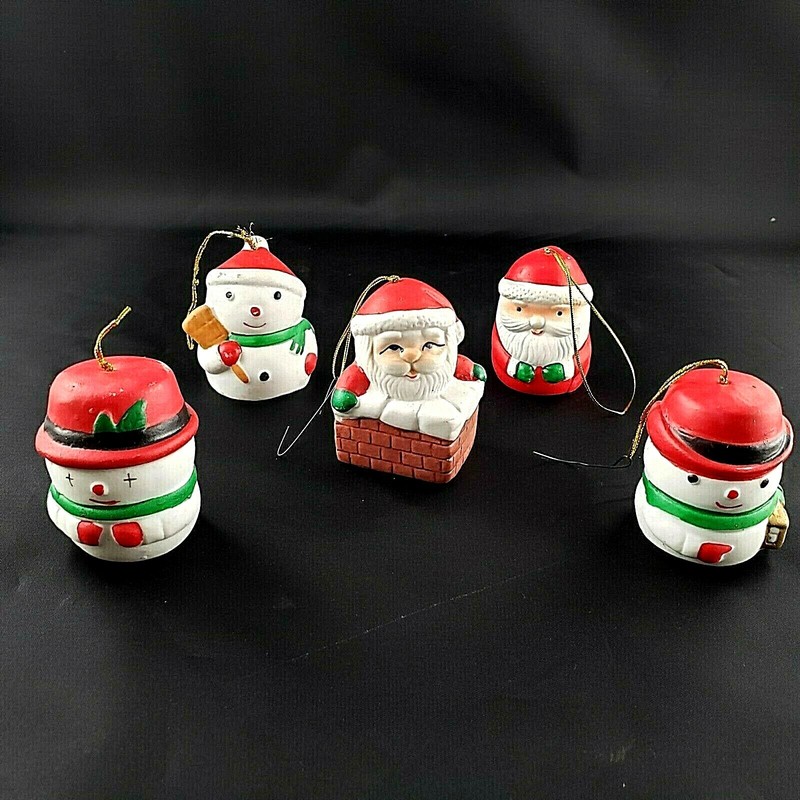 Ornaments Lot of 5 Hand Painted Ceramic Bell Christmas Santa Claus and Snowman
