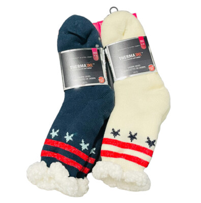 ThermaX USA Theme Women Size 4-10 Sherpa Warm Non Skid Cozy Slipper Socks 2 Set