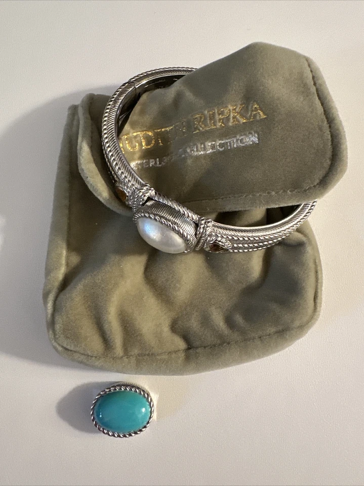 Браслет-манжета Judith Ripka из чистого серебра коричневый кварц бирюза/жемчуг на петлях L - Изображение 2 из 4