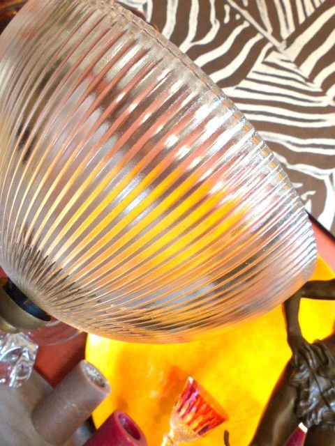 Superbe ancien suspension lustre globe vasque verre cristallin laiton doré 30cm - Photo 4/4