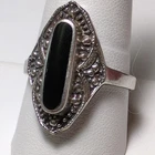 Vtg Thailand 925 Sterling Silver Black Onyx Marcasite Art Deco Revival Ring Sz10