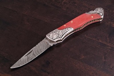CUSTOM MADE FORGED DAMASCUS STEEL FOLDING POCKET KNIFE W LEATHER SHEATH 843