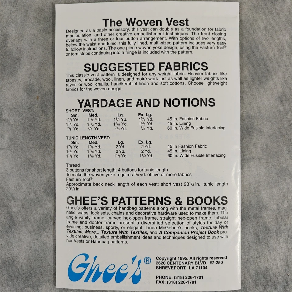 Ghee’s #995 The Woven Vest Sewing Pattern S-XL Short/Tunic 1995 Multi-Size - Image 3 of 3