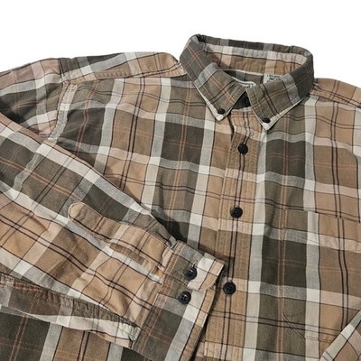 LL Bean Mens Large Brown Tan Plaid Flannel Button Down Shirt Cotton Made Canada