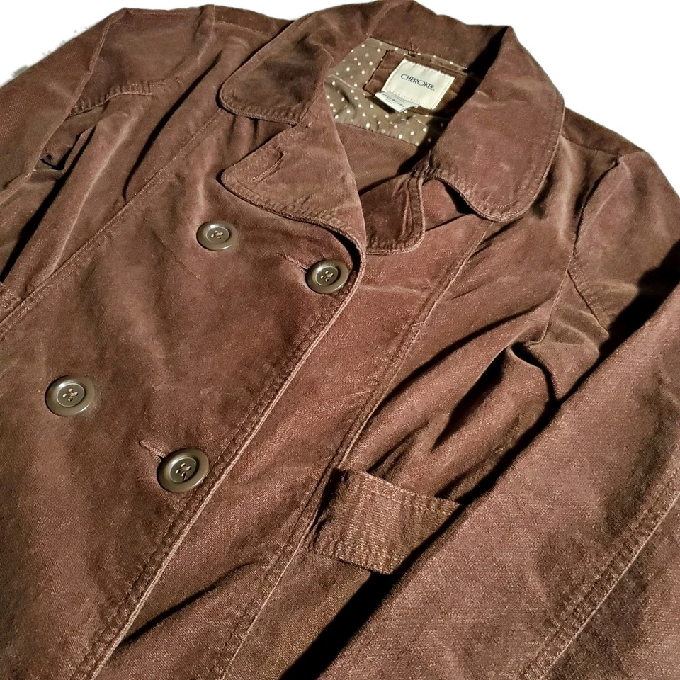 复古切诺基女式灯芯绒丝绒豌豆外套 XL 码 14/16 棕色 Y2K Couture — 第 2/4 张图片