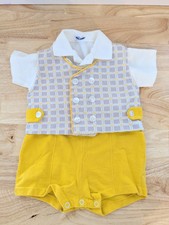Vintage 2 Piece White Polo and Yellow Short Baby Romper with Matching Plaid Vest