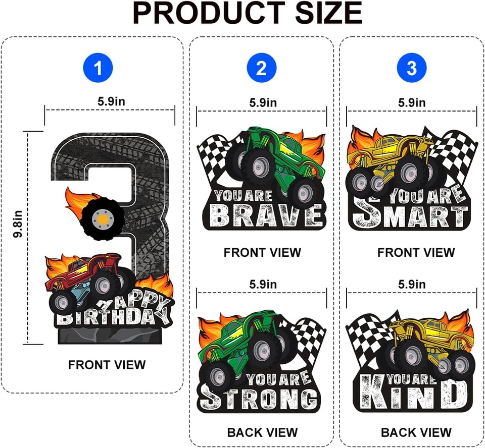 Decoraciones de cumpleaños 3Rd para niños - Juego de centro de mesa de fiesta Monster Truck - Monste Foto 2 de 4