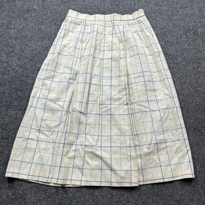 Vintage Chaus Pleated Skirt Womens 16 Cotton Linen Midi Windowpane Rainbow Plaid