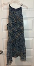 BCBGeneration Blue Multi Floral Slip Mini Dress SZ L Sheer Lined Halter Casual
