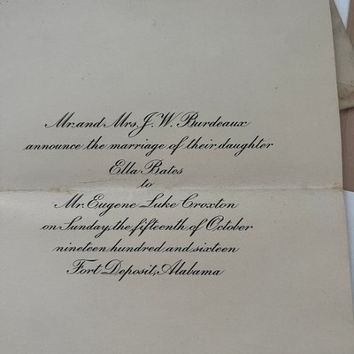 1916 Wedding Invitation Ella Bates & Eugene Luke Croxton Fort Deposit AL AJ9-3