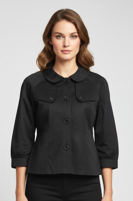 Divided By H & M Button Front Peter Pan Collar Blouse Black 3/4 Sleeve Size 10