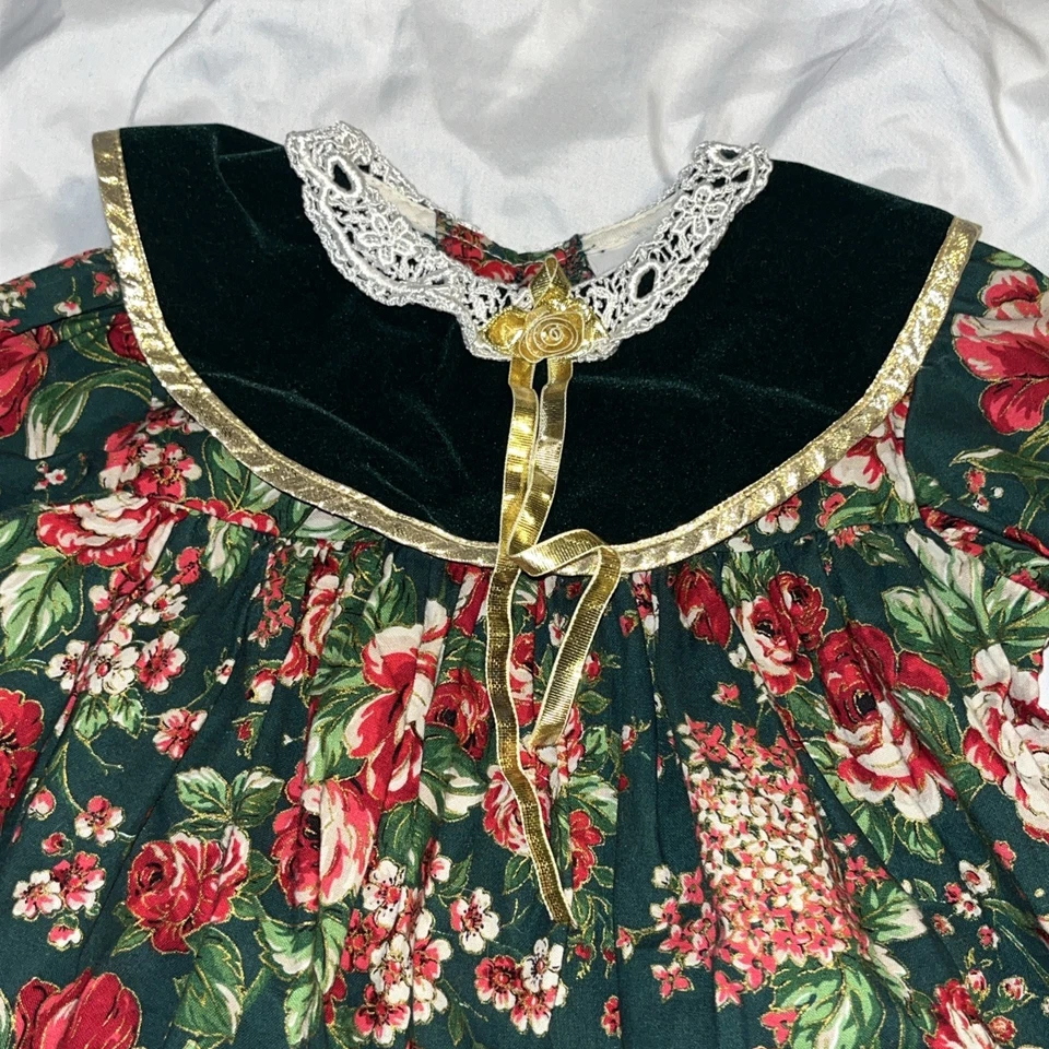 Vintage VTG Jolene Green Red Floral Gold Lace Victorian Christmas Dress 2T - Image 2 of 4