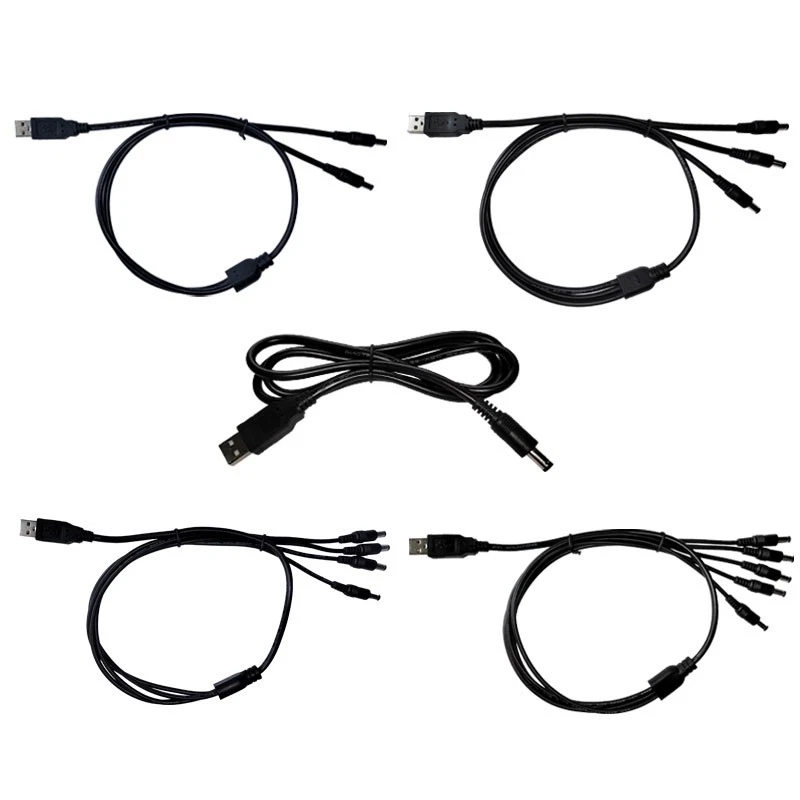 DC Power Splitter Cable USB Male to 5.5x2.1mm Barrel Male Connection Wire 1-5way - Image 2 of 4