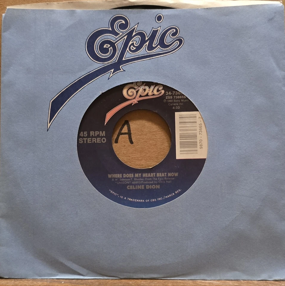Celine Dion: Where Does My Heart Beat Now/Any Other Way - Epic 45rpm Vinyl  - Image 3 of 3