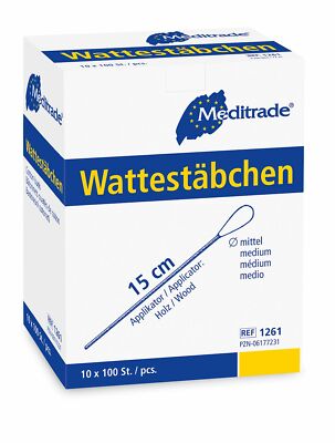 Meditrade Wattestäbchen 15 cm Holz einseitiger Wattekopf unsteril 10x100 Stück 