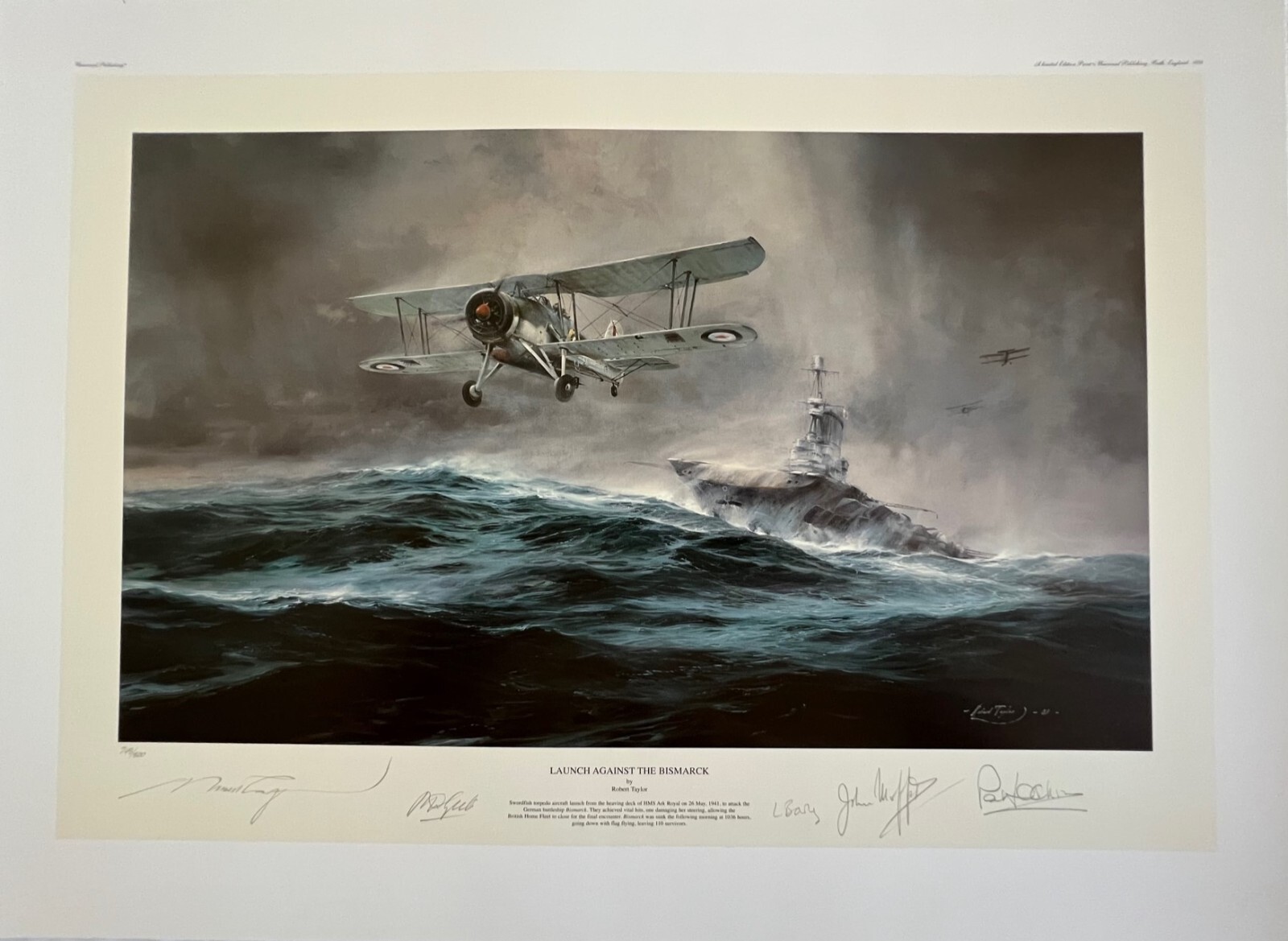 Impresión Launch Against the Bismarck Robert Taylor LE con libro de pinturas marítimas