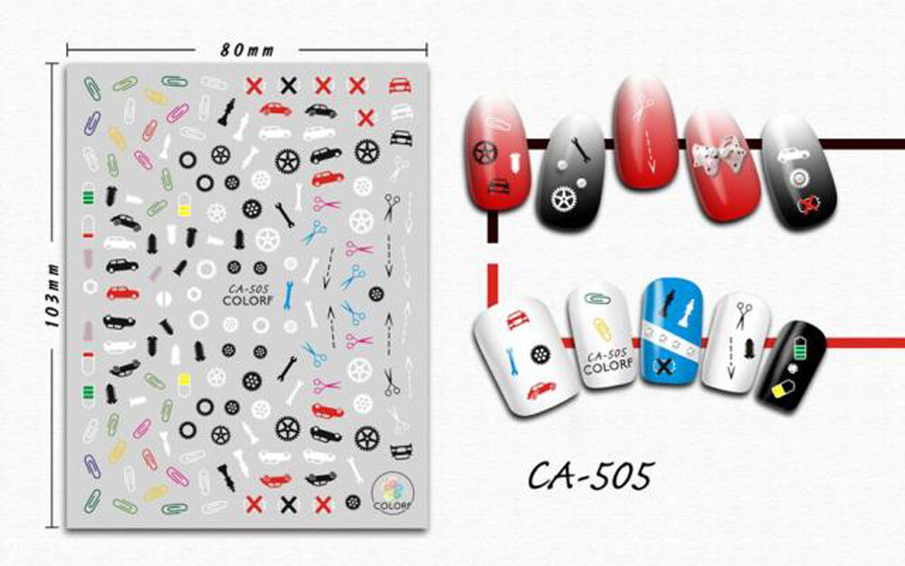 Nail art 3D stickers decal pink gear scissors paper clip bolt wrench car CA505