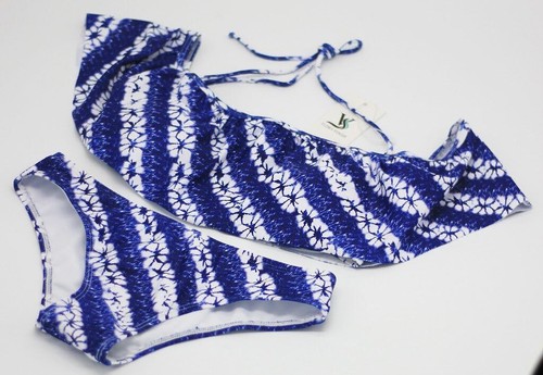 Womens Off Shoulder Bikini Set with Flounce Swimwear Bathing Suit Set Blue Print - Picture 3 of 8