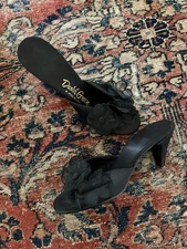 1950s/50s Vintage Daisy Floral Boudoir Heel Slipper Shoes Black Daniel Green- 5