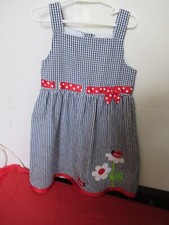 P26 Girls Navey Small print Plaid Red Trim Size 6 Dress By Emily Rose