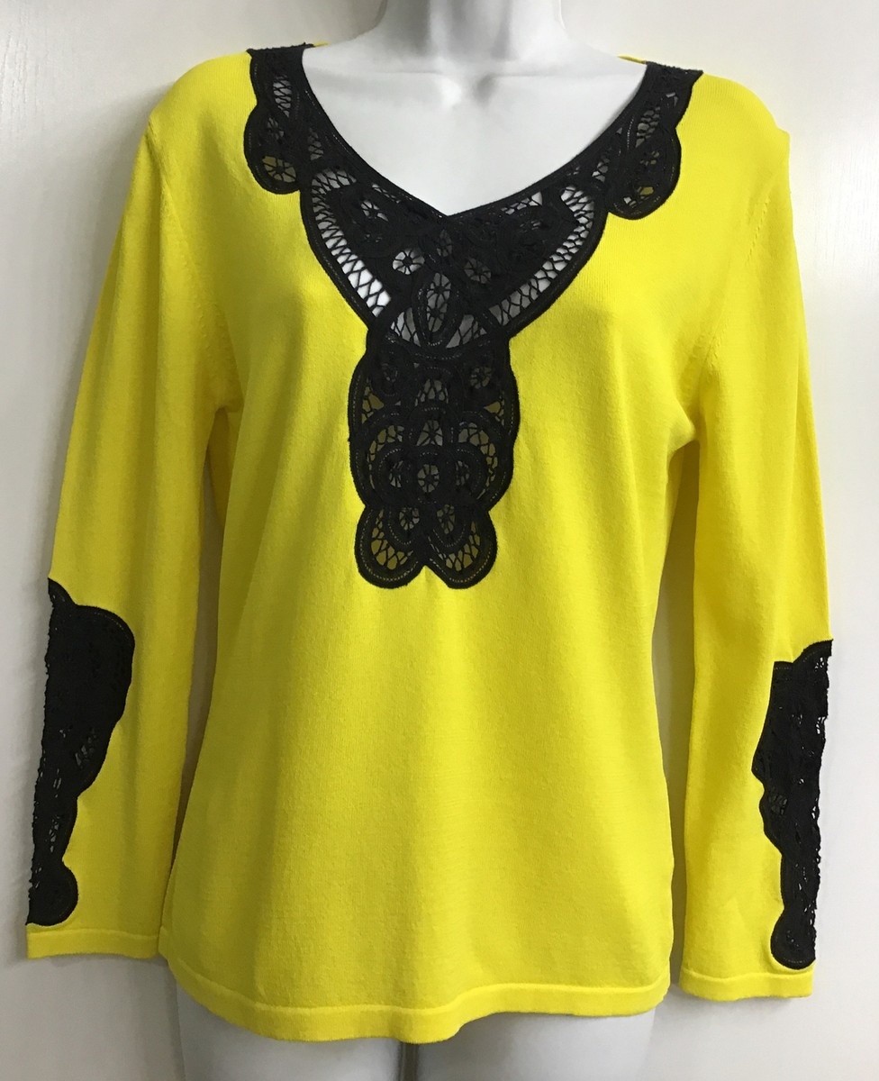 Feraud Top Yellow Viscose Blend Black Embroidered Crocheted Trim