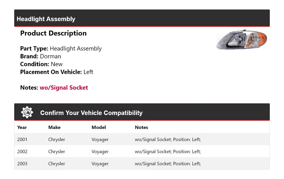 Conjunto de faros izquierdo para Chrysler Voyager Dorman 2001-2003 2002 Foto 2 de 4
