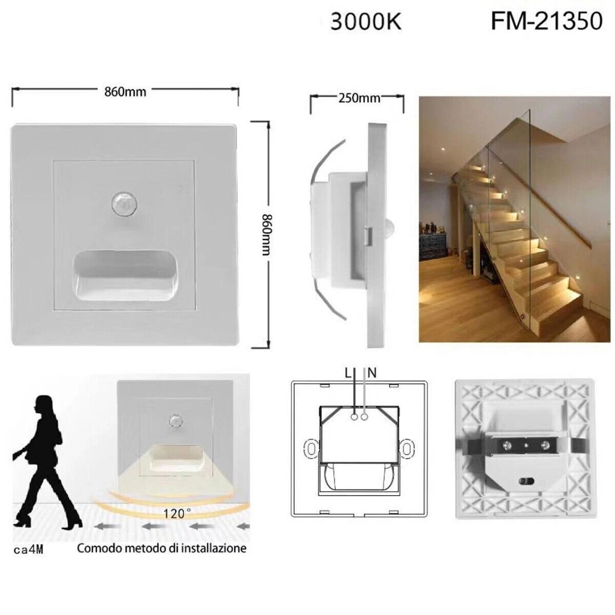 Luz Nocturna Marcador LED Cuadrado Blanco Sensor de Movimiento Luz Cálida 3000K