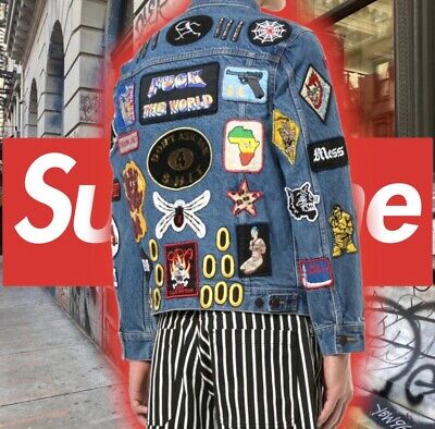 Supreme Patches Denim Trucker Jacket Blue (SS18J53) Men's Size XL